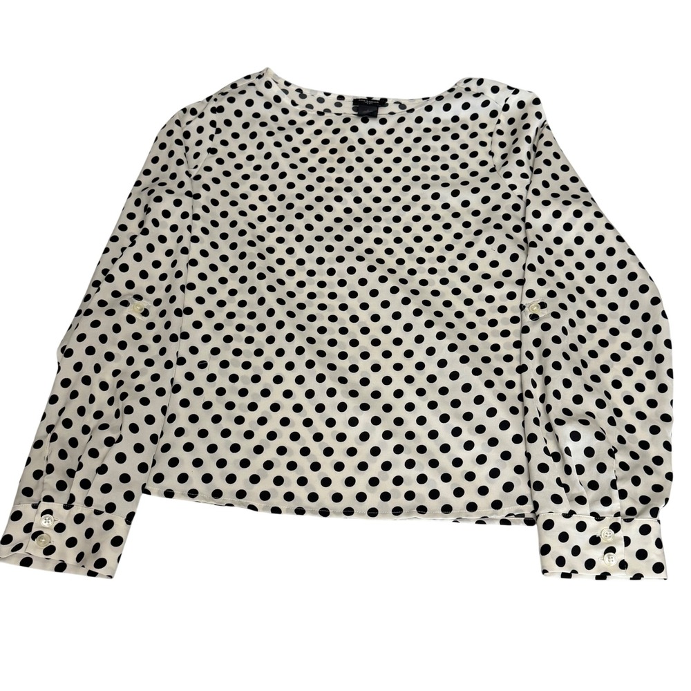 Ann Taylor Womens Small Polka Dot Roll Tab Long Sleeve Blouse White Black S